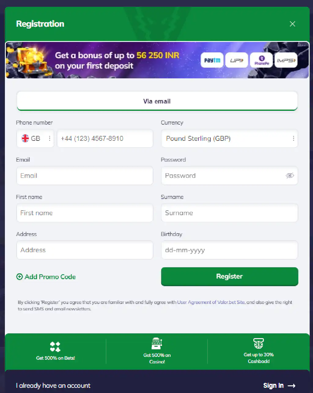 Valor Casino – quick registration and start playing Aviator today